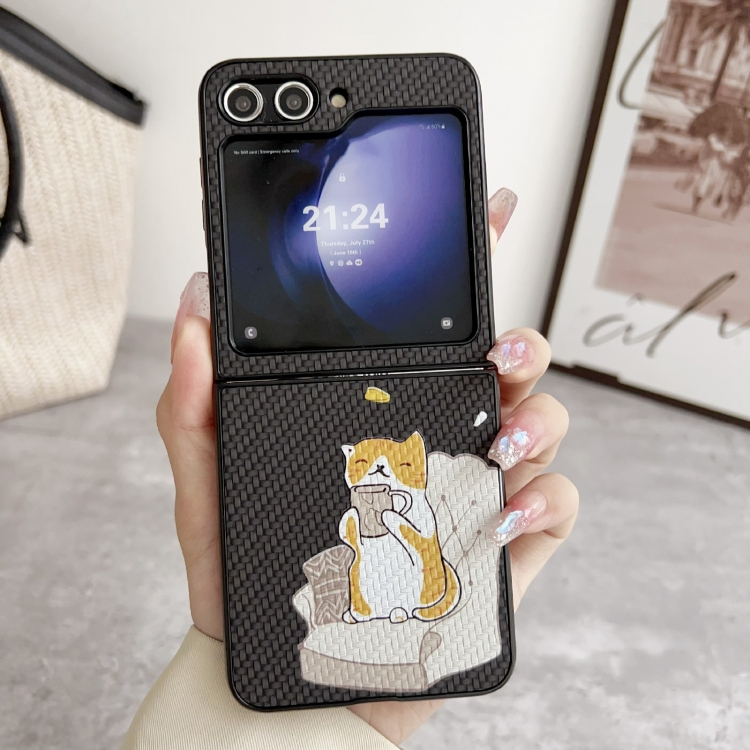 For Samsung Galaxy Z Flip5 5G Braided Texture Colored Drawing Pattern Phone Case(Black Coffee Cat) For Samsung Galaxy Z Flip5 5G Braided Texture Colored Drawing Pattern Phone Case(Black Coffee Cat)