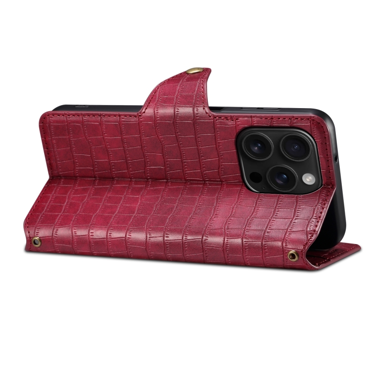 For iPhone 16 Pro Denior Crocodile Texture Oil Edge Leather Phone Case(Rose Red) For iPhone 16 Pro Denior Crocodile Texture Oil Edge Leather Phone Case(Rose Red)
