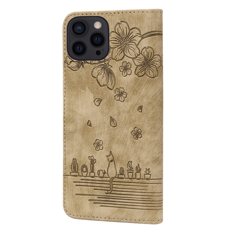 For iPhone 16 Pro Cartoon Sakura Cat Embossed Leather Phone Case(Brown) For iPhone 16 Pro Cartoon Sakura Cat Embossed Leather Phone Case(Brown)
