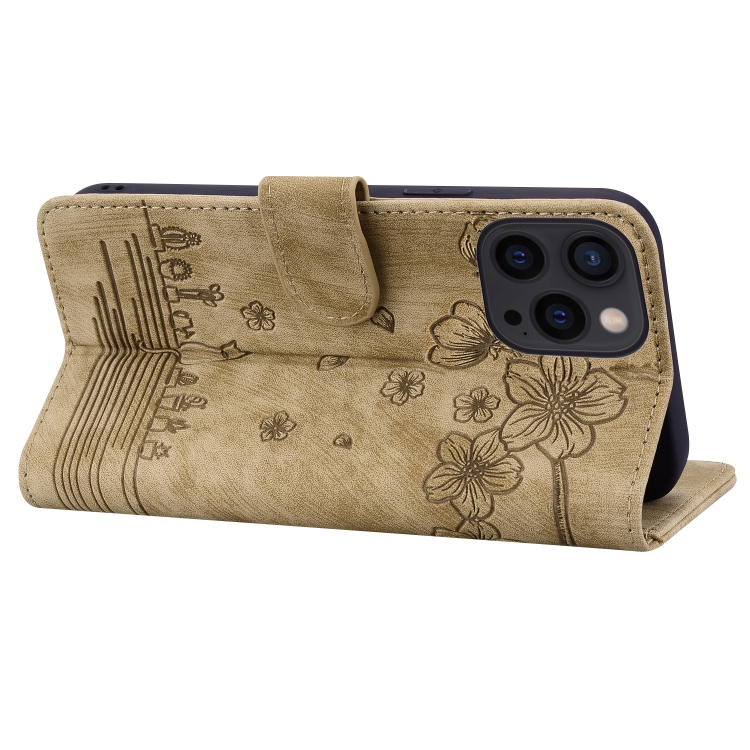 For iPhone 16 Pro Cartoon Sakura Cat Embossed Leather Phone Case(Brown) For iPhone 16 Pro Cartoon Sakura Cat Embossed Leather Phone Case(Brown)