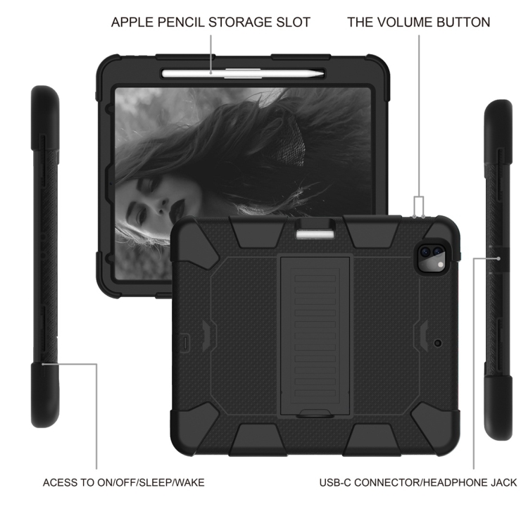For iPad Pro 12.9 (2018) / (2020) Shockproof Two-Color Silicone Protective Tablet Case with Holder(Black)