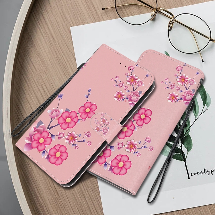 For iPhone 16 Plus Crystal Texture Colored Drawing Leather Phone Case(Cherry Blossoms)