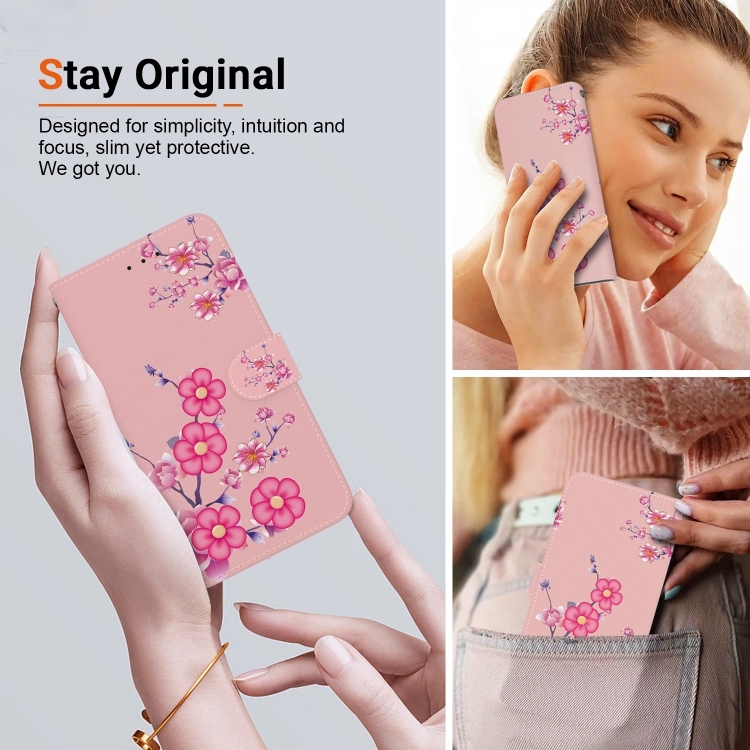 For iPhone 16 Plus Crystal Texture Colored Drawing Leather Phone Case(Cherry Blossoms)