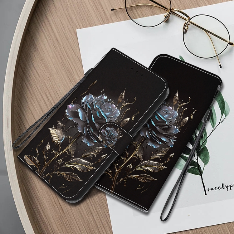 For iPhone 16 Pro Crystal Texture Colored Drawing Leather Phone Case(Black Rose) For iPhone 16 Pro Crystal Texture Colored Drawing Leather Phone Case(Black Rose)