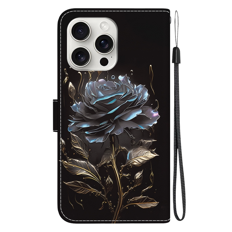 For iPhone 16 Pro Crystal Texture Colored Drawing Leather Phone Case(Black Rose) For iPhone 16 Pro Crystal Texture Colored Drawing Leather Phone Case(Black Rose)