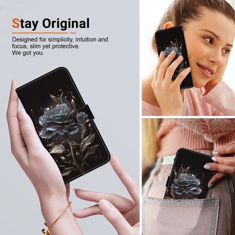 For iPhone 16 Pro Crystal Texture Colored Drawing Leather Phone Case(Black Rose) For iPhone 16 Pro Crystal Texture Colored Drawing Leather Phone Case(Black Rose)
