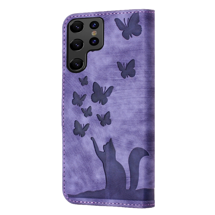 For Samsung Galaxy S23 Ultra 5G Butterfly Cat Embossing Flip Leather Phone Case(Purple)