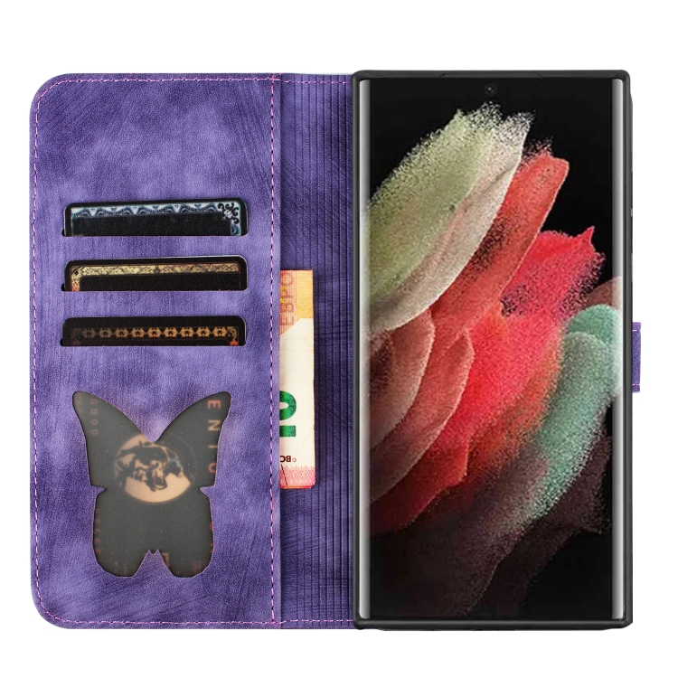 For Samsung Galaxy S23 Ultra 5G Butterfly Cat Embossing Flip Leather Phone Case(Purple)