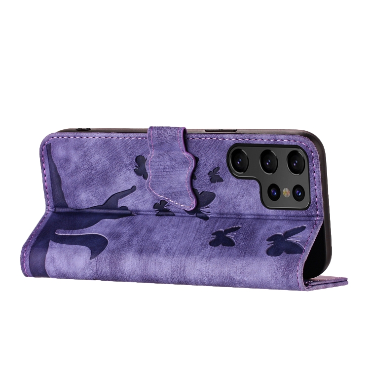 For Samsung Galaxy S23 Ultra 5G Butterfly Cat Embossing Flip Leather Phone Case(Purple)