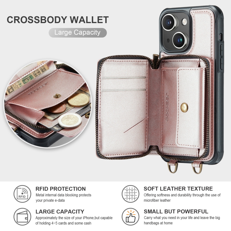 For iPhone 15 Plus JEEHOOD C22 Series Zipper Wallet Leather Phone Case with Dual Lanyard(Rose Gold) For iPhone 15 Plus JEEHOOD C22 Series Zipper Wallet Leather Phone Case with Dual Lanyard(Rose Gold)