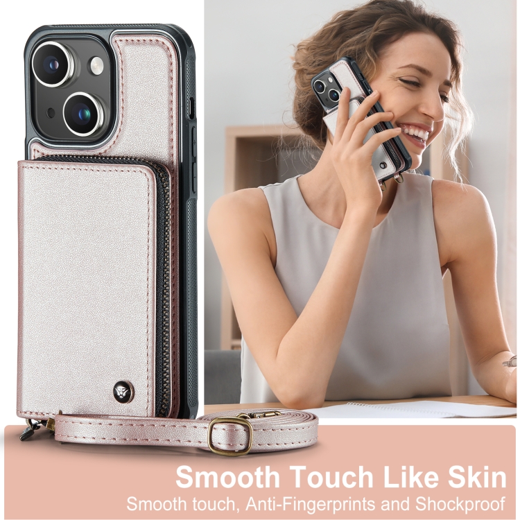 For iPhone 15 Plus JEEHOOD C22 Series Zipper Wallet Leather Phone Case with Dual Lanyard(Rose Gold) For iPhone 15 Plus JEEHOOD C22 Series Zipper Wallet Leather Phone Case with Dual Lanyard(Rose Gold)