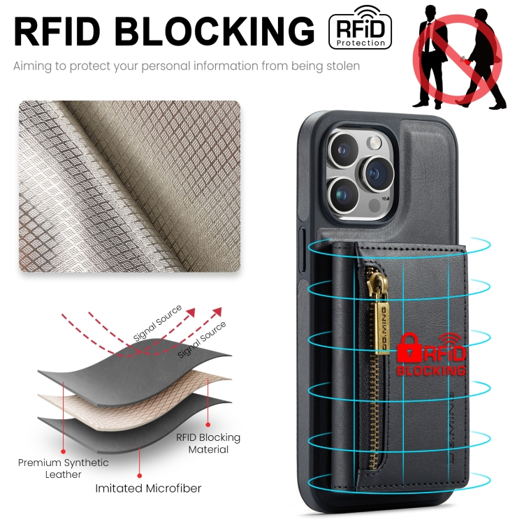 For iPhone 15 Pro DG.MING M5 Series Zip RFID Multi Card Detachable Leather Phone Case(Black) For iPhone 15 Pro DG.MING M5 Series Zip RFID Multi Card Detachable Leather Phone Case(Black)