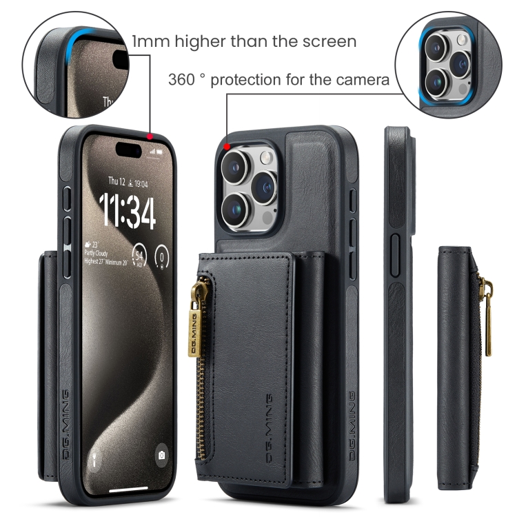 For iPhone 15 Pro DG.MING M5 Series Zip RFID Multi Card Detachable Leather Phone Case(Black) For iPhone 15 Pro DG.MING M5 Series Zip RFID Multi Card Detachable Leather Phone Case(Black)