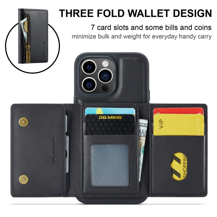 For iPhone 15 Pro DG.MING M5 Series Zip RFID Multi Card Detachable Leather Phone Case(Black) For iPhone 15 Pro DG.MING M5 Series Zip RFID Multi Card Detachable Leather Phone Case(Black)