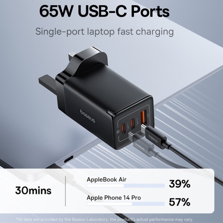 Baseus 65W USB C Charger, GaN5 2-Port Ultra-Slim USB Wall Charger PD 3.0,  Compatible for MacBook Pro 16, iPhone 14, Samsung S22+, iPad-Pro with  Charging Cable