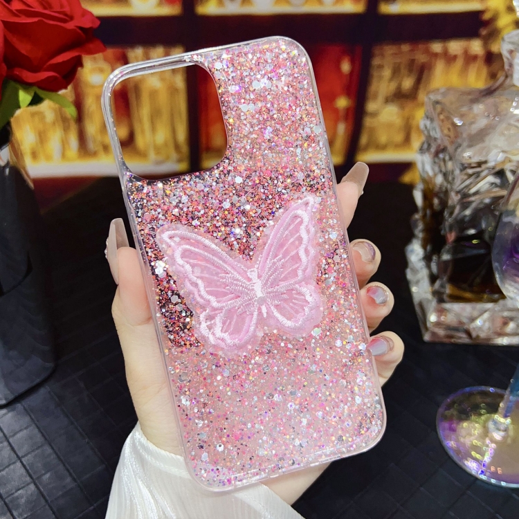 For iPhone 14 Starry Sequin Embroidered Butterfly Epoxy TPU Phone Case(Pink) For iPhone 14 Starry Sequin Embroidered Butterfly Epoxy TPU Phone Case(Pink)