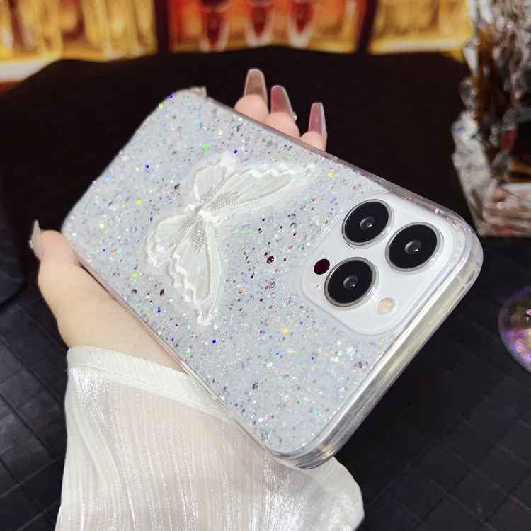For iPhone 14 Pro Starry Sequin Embroidered Butterfly Epoxy TPU Phone Case(Silver) For iPhone 14 Pro Starry Sequin Embroidered Butterfly Epoxy TPU Phone Case(Silver)