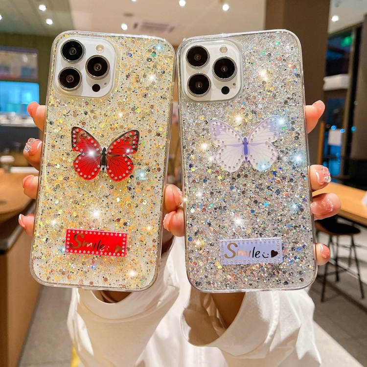 For iPhone 12 mini Starry Sequin Rhinestones Butterfly Epoxy TPU