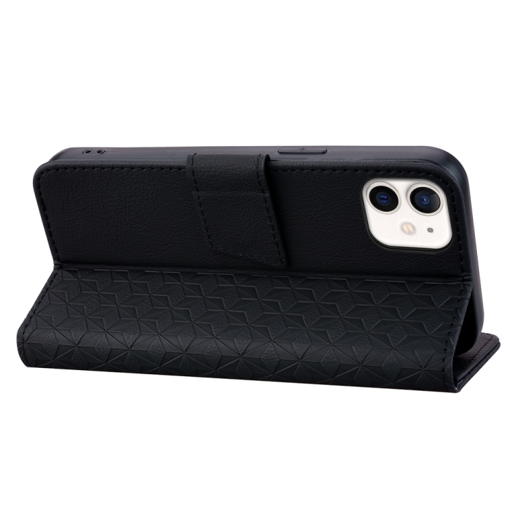 For iPhone 13 mini Business Diamond Buckle Leather Phone Case with Lanyard(Black)