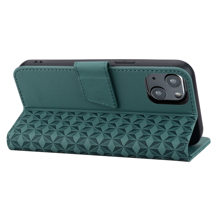 For iPhone 14 Plus Business Diamond Buckle Leather Phone Case with Lanyard(Green)