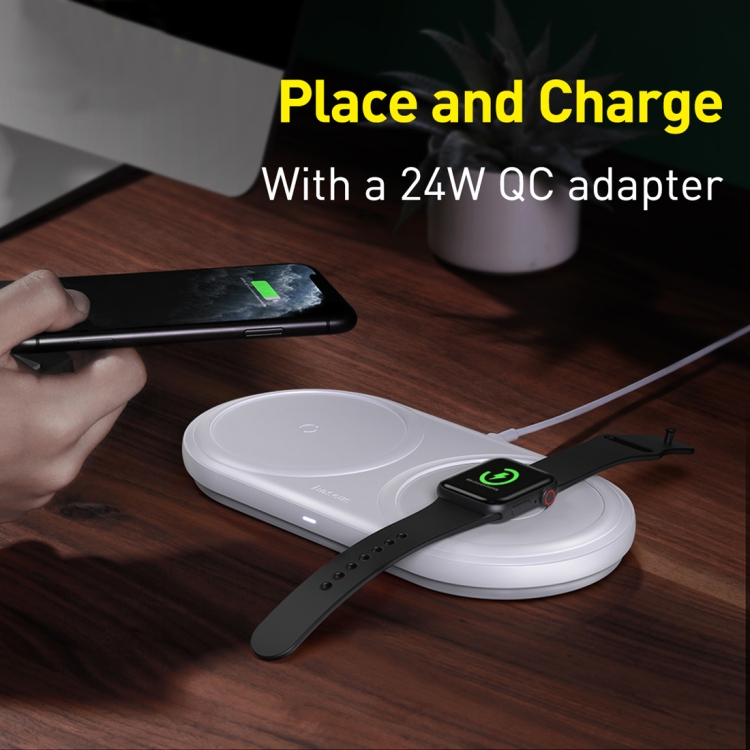 Baseus WXPL-B02 Planet 2 in 1 QI Dual Charge Wireless Charger Set for QI Standard Mobile Phones & iWatch, with Removable Watch Storage Box & Type-C Data Cable & Single USB Interface Travel Charger EU Plug(White)