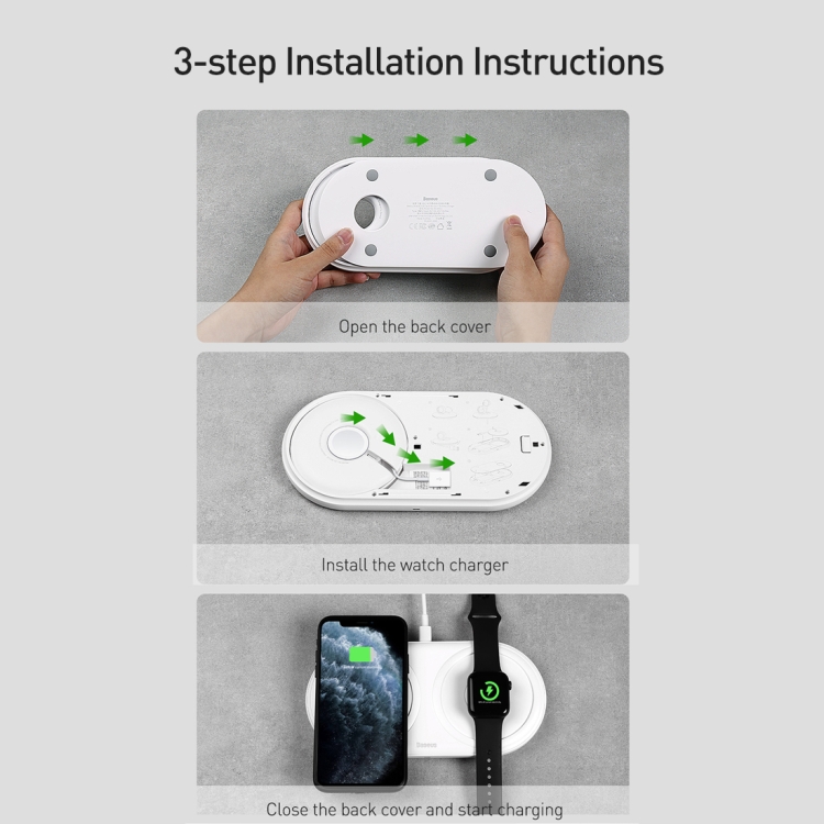 Baseus WXPL-B02 Planet 2 in 1 QI Dual Charge Wireless Charger Set for QI Standard Mobile Phones & iWatch, with Removable Watch Storage Box & Type-C Data Cable & Single USB Interface Travel Charger EU Plug(White)