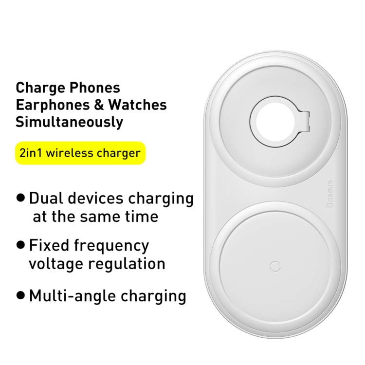 Baseus WXPL-B02 Planet 2 in 1 QI Dual Charge Wireless Charger Set for QI Standard Mobile Phones & iWatch, with Removable Watch Storage Box & Type-C Data Cable & Single USB Interface Travel Charger EU Plug(White)