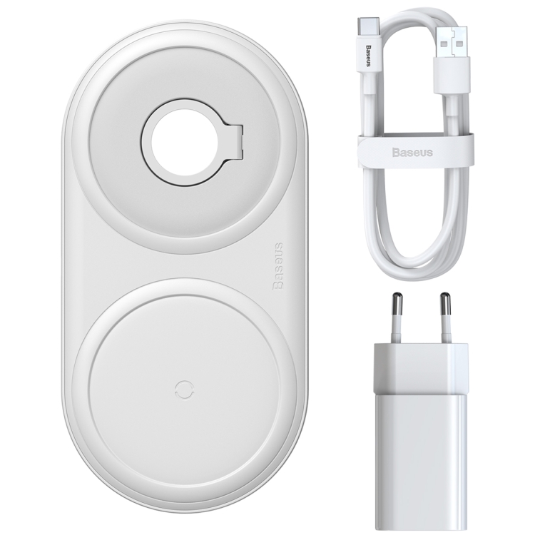 Baseus WXPL-B02 Planet 2 in 1 QI Dual Charge Wireless Charger Set for QI Standard Mobile Phones & iWatch, with Removable Watch Storage Box & Type-C Data Cable & Single USB Interface Travel Charger EU Plug(White)