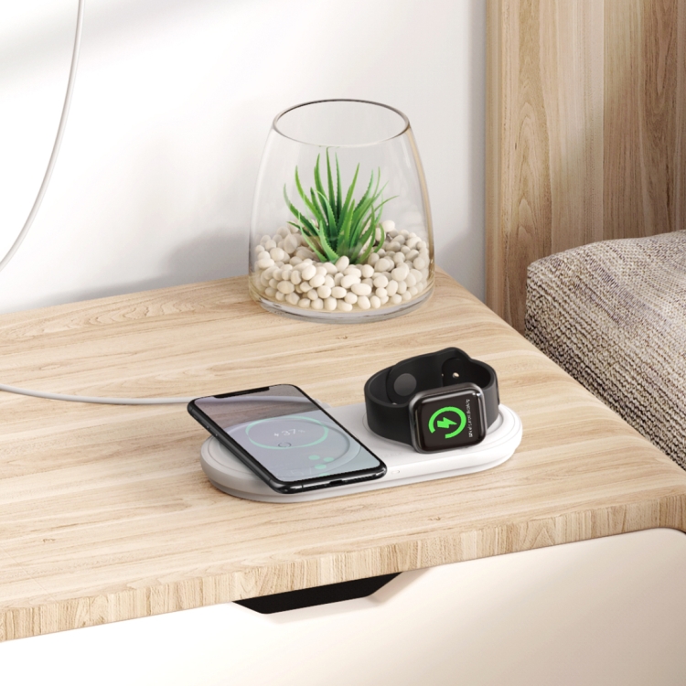 Baseus WXPL-B02 Planet 2 in 1 QI Dual Charge Wireless Charger Set for QI Standard Mobile Phones & iWatch, with Removable Watch Storage Box & Type-C Data Cable & Single USB Interface Travel Charger EU Plug(White)
