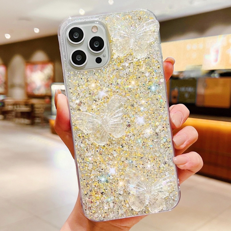 For iPhone 14 Starry Sequin Crystal Butterflies Epoxy TPU Phone Case(Yellow) For iPhone 14 Starry Sequin Crystal Butterflies Epoxy TPU Phone Case(Yellow)