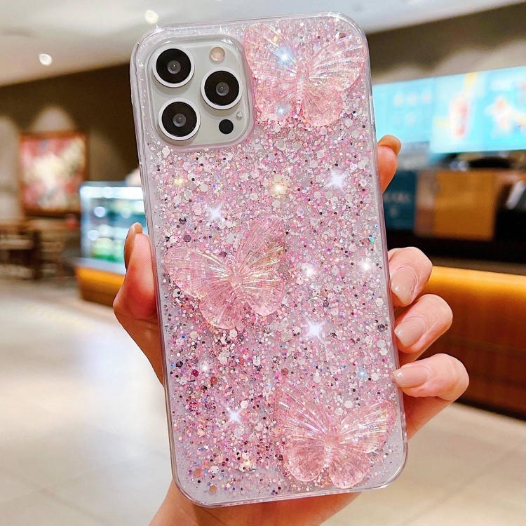For iPhone 14 Pro Starry Sequin Crystal Butterflies Epoxy TPU Phone Case(Pink) For iPhone 14 Pro Starry Sequin Crystal Butterflies Epoxy TPU Phone Case(Pink)
