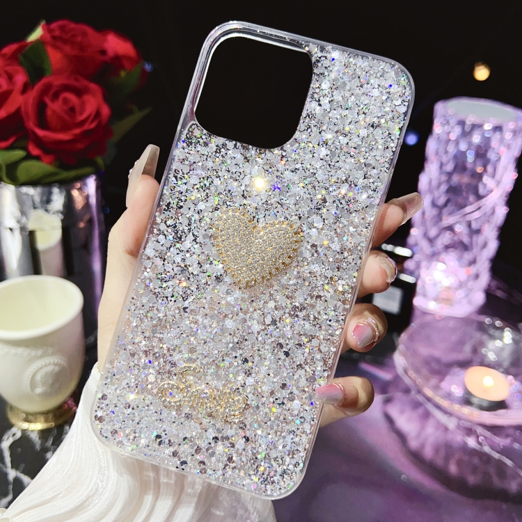For iPhone 14 Pro Starry Sequin Diamond Heart Epoxy TPU Phone Case(Silver) For iPhone 14 Pro Starry Sequin Diamond Heart Epoxy TPU Phone Case(Silver)