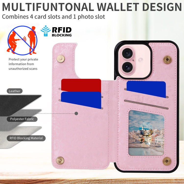 For iPhone 16 Printed Double Buckle RFID Anti-theft Phone Case(Pastoral Rose) For iPhone 16 Printed Double Buckle RFID Anti-theft Phone Case(Pastoral Rose)