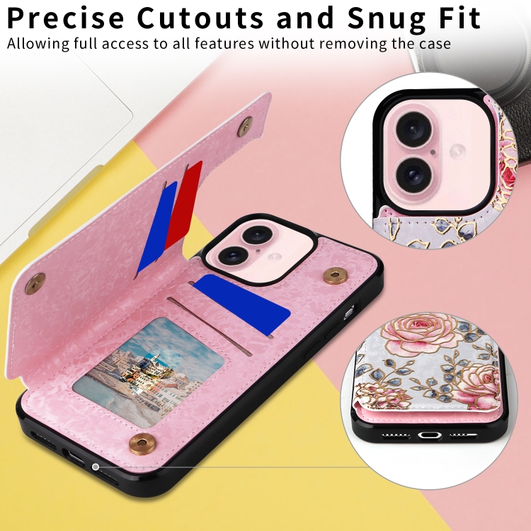 For iPhone 16 Printed Double Buckle RFID Anti-theft Phone Case(Pastoral Rose) For iPhone 16 Printed Double Buckle RFID Anti-theft Phone Case(Pastoral Rose)