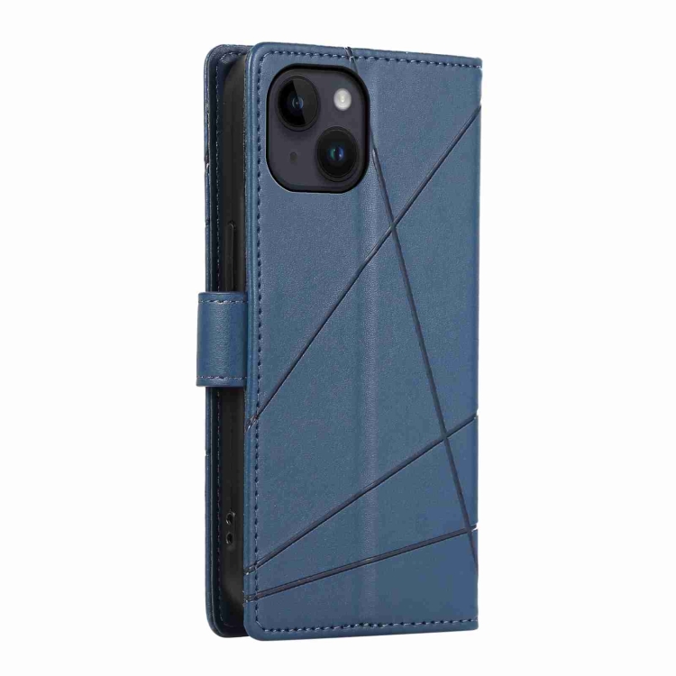 For iPhone 14 PU Genuine Leather Texture Embossed Line Phone Case(Blue) - 2