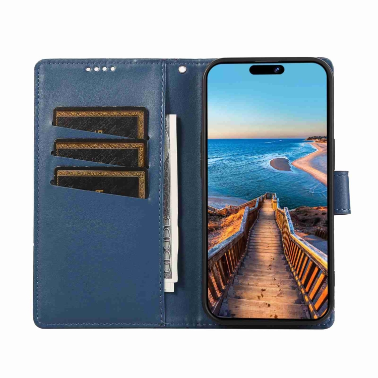 For iPhone 14 PU Genuine Leather Texture Embossed Line Phone Case(Blue) - 3