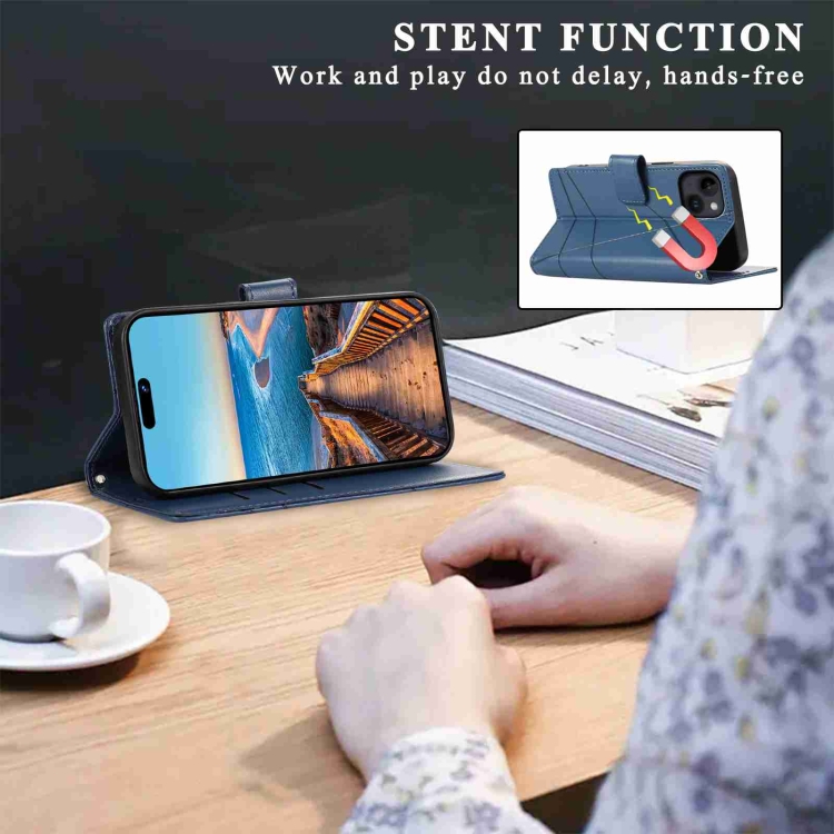 For iPhone 14 PU Genuine Leather Texture Embossed Line Phone Case(Blue) - 4