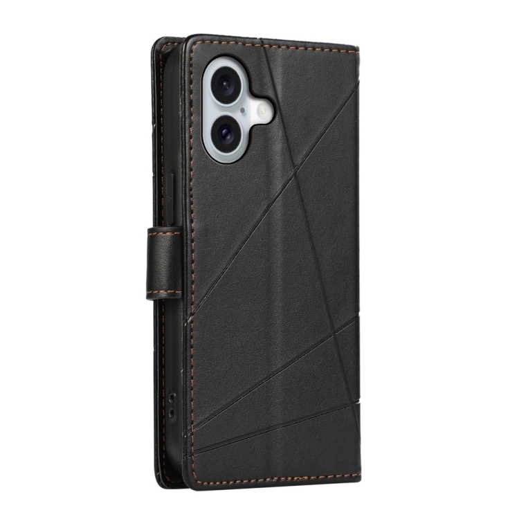 For iPhone 16 PU Genuine Leather Texture Embossed Line Phone Case(Black) For iPhone 16 PU Genuine Leather Texture Embossed Line Phone Case(Black)