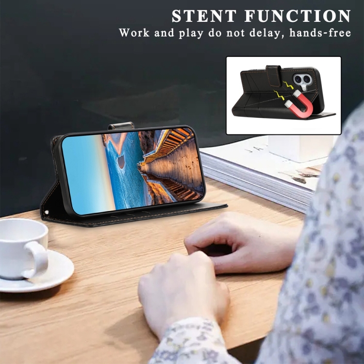 For iPhone 16 PU Genuine Leather Texture Embossed Line Phone Case(Black) For iPhone 16 PU Genuine Leather Texture Embossed Line Phone Case(Black)