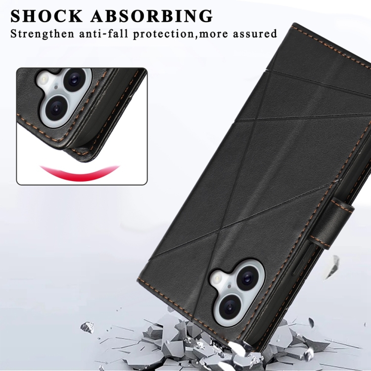 For iPhone 16 PU Genuine Leather Texture Embossed Line Phone Case(Black) For iPhone 16 PU Genuine Leather Texture Embossed Line Phone Case(Black)