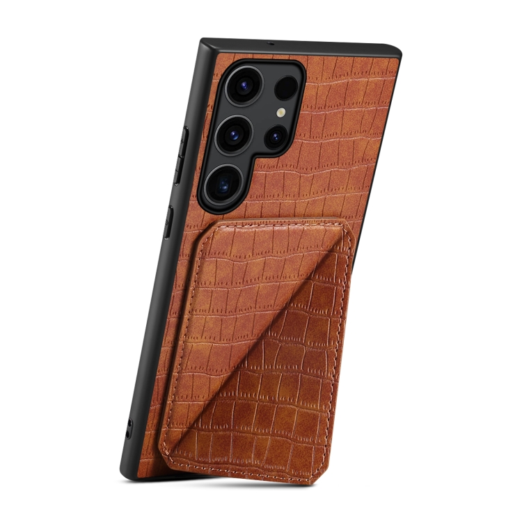 For Samsung Galaxy S23 Ultra 5G Denior Crocodile Texture Holder Electroplating Phone Case(Brown) For Samsung Galaxy S23 Ultra 5G Denior Crocodile Texture Holder Electroplating Phone Case(Brown)