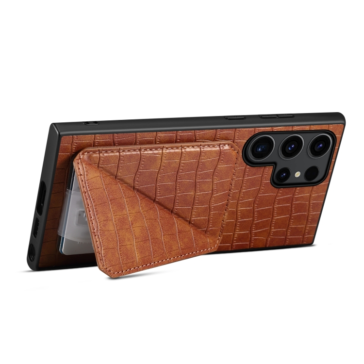 For Samsung Galaxy S23 Ultra 5G Denior Crocodile Texture Holder Electroplating Phone Case(Brown) For Samsung Galaxy S23 Ultra 5G Denior Crocodile Texture Holder Electroplating Phone Case(Brown)