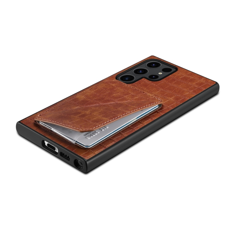 For Samsung Galaxy S23 Ultra 5G Denior Crocodile Texture Holder Electroplating Phone Case(Brown) For Samsung Galaxy S23 Ultra 5G Denior Crocodile Texture Holder Electroplating Phone Case(Brown)