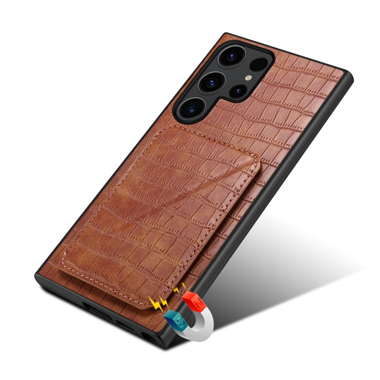 For Samsung Galaxy S23 Ultra 5G Denior Crocodile Texture Holder Electroplating Phone Case(Brown) For Samsung Galaxy S23 Ultra 5G Denior Crocodile Texture Holder Electroplating Phone Case(Brown)