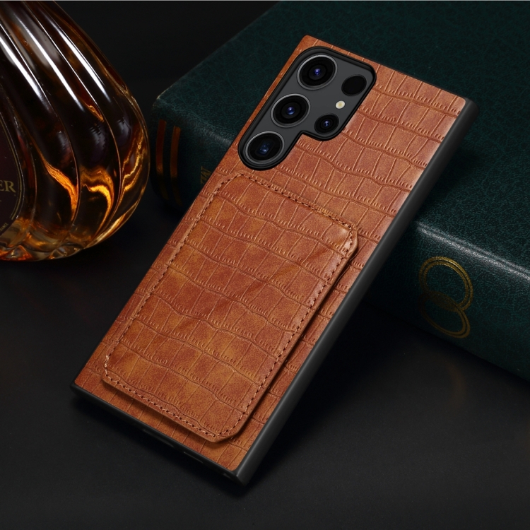 For Samsung Galaxy S23 Ultra 5G Denior Crocodile Texture Holder Electroplating Phone Case(Brown) For Samsung Galaxy S23 Ultra 5G Denior Crocodile Texture Holder Electroplating Phone Case(Brown)