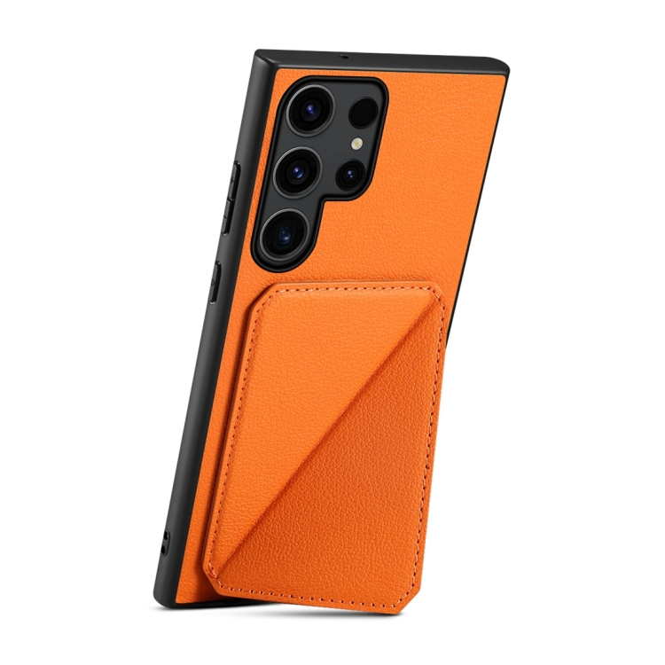 For Samsung Galaxy S23 Ultra 5G Denior Calf Texture Holder Electroplating Phone Case(Orange) For Samsung Galaxy S23 Ultra 5G Denior Calf Texture Holder Electroplating Phone Case(Orange)