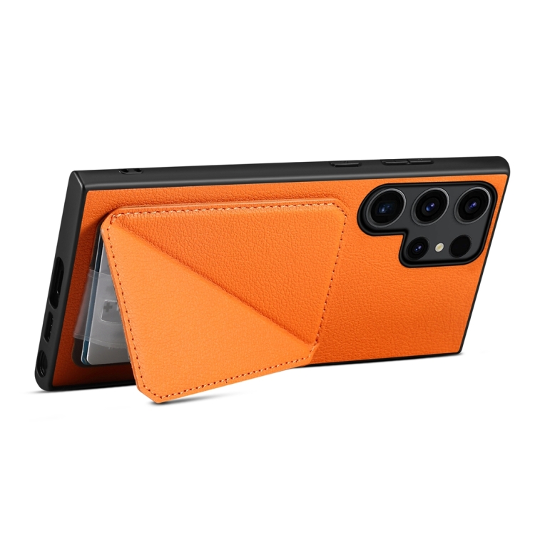 For Samsung Galaxy S23 Ultra 5G Denior Calf Texture Holder Electroplating Phone Case(Orange) For Samsung Galaxy S23 Ultra 5G Denior Calf Texture Holder Electroplating Phone Case(Orange)