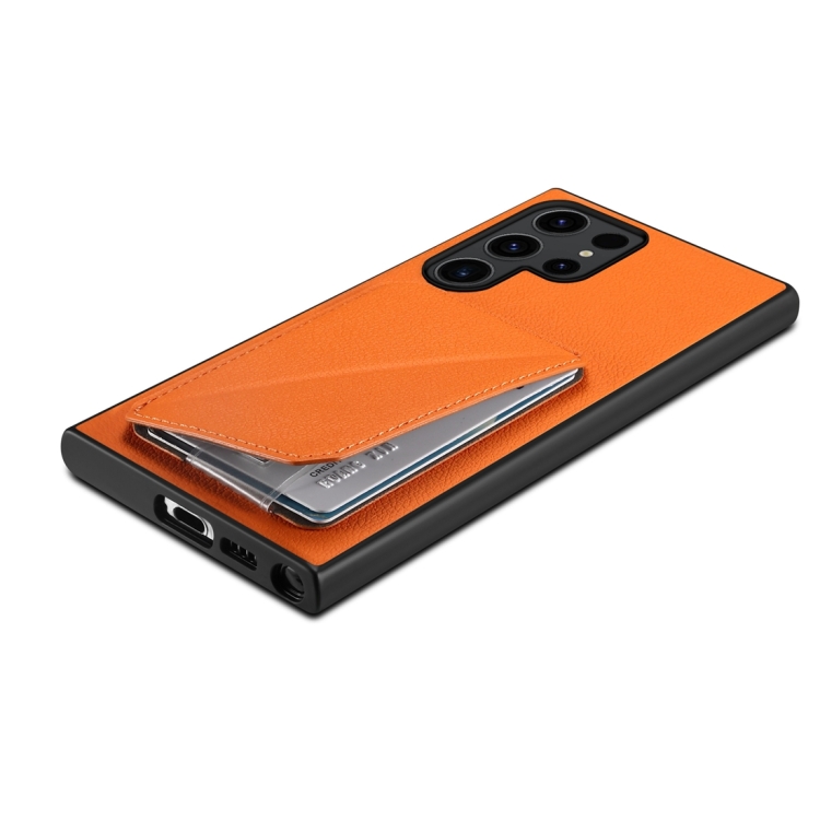 For Samsung Galaxy S23 Ultra 5G Denior Calf Texture Holder Electroplating Phone Case(Orange) For Samsung Galaxy S23 Ultra 5G Denior Calf Texture Holder Electroplating Phone Case(Orange)