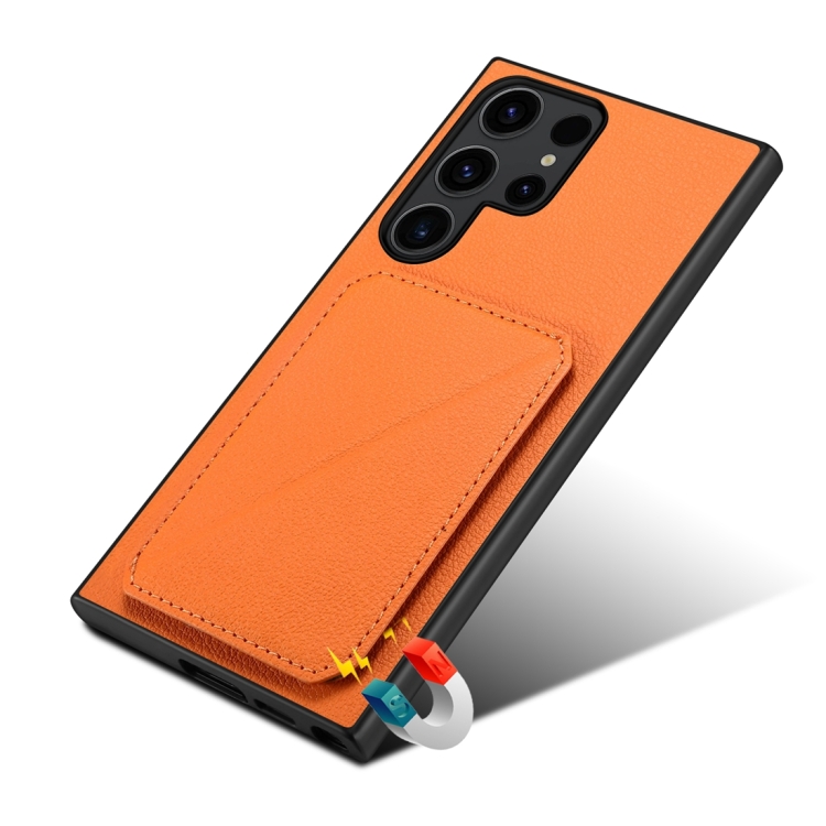 For Samsung Galaxy S23 Ultra 5G Denior Calf Texture Holder Electroplating Phone Case(Orange) For Samsung Galaxy S23 Ultra 5G Denior Calf Texture Holder Electroplating Phone Case(Orange)