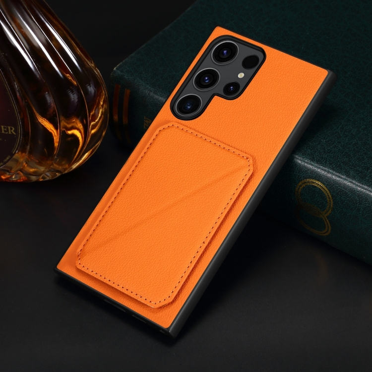 For Samsung Galaxy S23 Ultra 5G Denior Calf Texture Holder Electroplating Phone Case(Orange) For Samsung Galaxy S23 Ultra 5G Denior Calf Texture Holder Electroplating Phone Case(Orange)